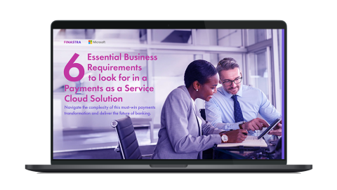 Image of laptop with cover slide of "What are the 6 essential business requirements for a Payments as a Service solution?" white paper