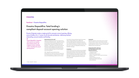 Image of laptop with cover slide for "	Finastra DepositPro: Total lending’s compliant deposit account opening solution" factsheet