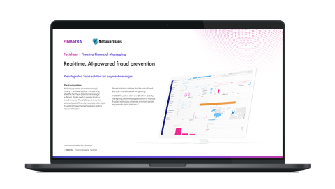 Image of laptop with cover slide for "Fraud prevention for Finastra’s service bureau customers" brochure