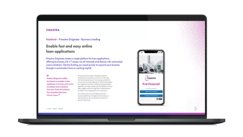 Image of laptop with cover slide for the Finastra Originate Business Lending factsheet
