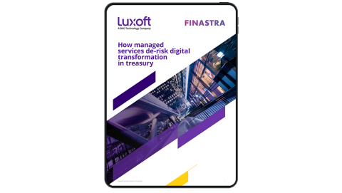 Image of tablet with cover slide of "De-risking digital transformation in treasury: Managed service solutions with Luxoft" brochure