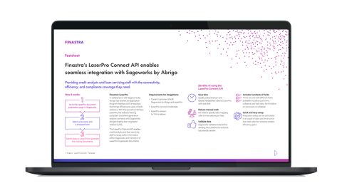 Image of laptop with cover slide for "Finastra’s LaserPro Connect API enables seamless integration with Sageworks by Abrigo" factsheet