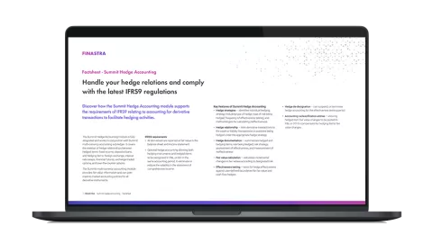 Image of laptop with cover slide for the "Handle your hedge relations and comply with the latest IFRS9 regulations" factsheet