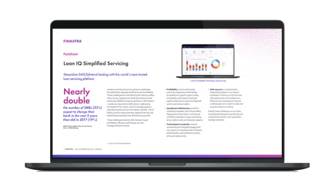 Image of laptop with cover slide for the Finastra Loan IQ Simplified Servicing factsheet