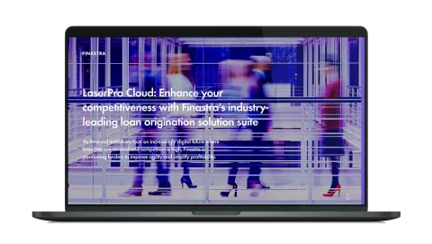 Image of laptop with cover slide for the "LaserPro cloud: Enhance your competitiveness with Finastra's industry-leading loan origination solution suite" white paper