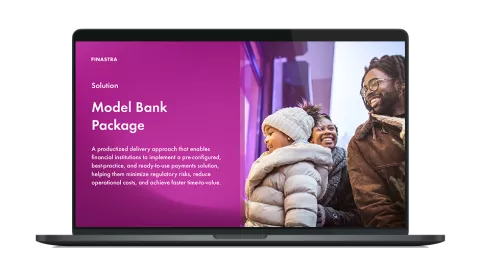 Image of laptop with cover slide of "Model Bank Package" brochure