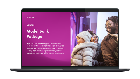 Image of laptop with cover slide of "Model Bank Package" brochure