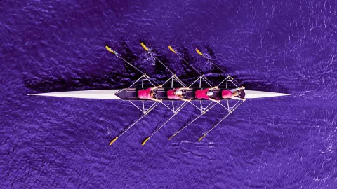 Overhead view of a rowing team on water