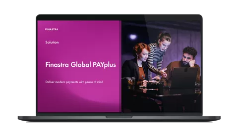 Image of laptop with cover slide for "Finastra Global PAYplus" solution overview