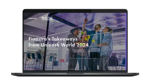 Image of laptop with cover slide of "Finastra’s Takeaways from Unleash World 2024" white paper