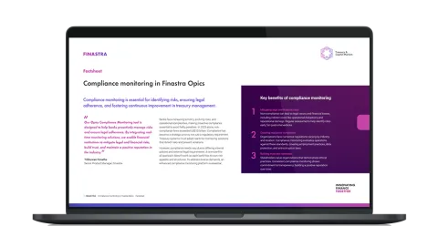 Image of laptop with cover slide of "Compliance monitoring in Finastra Opics" factsheet