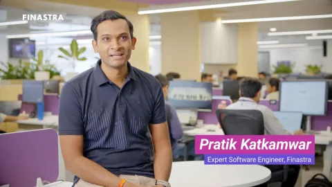 Cover slide for the "Pratik Katkamwar, Software Engineer, on teamwork and growth at Finastra" employee story